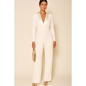 RIXO Fully Lined Bridal Emilia Silk Crepe Jumpsuit Long Sleeve Ivory Size 8